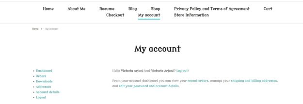 My account page for store
